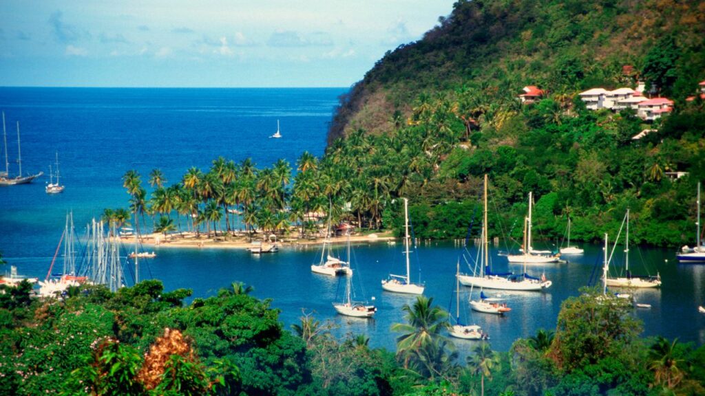 View of sailboats on Marigot Bay, Saint Lucia, Caribbean